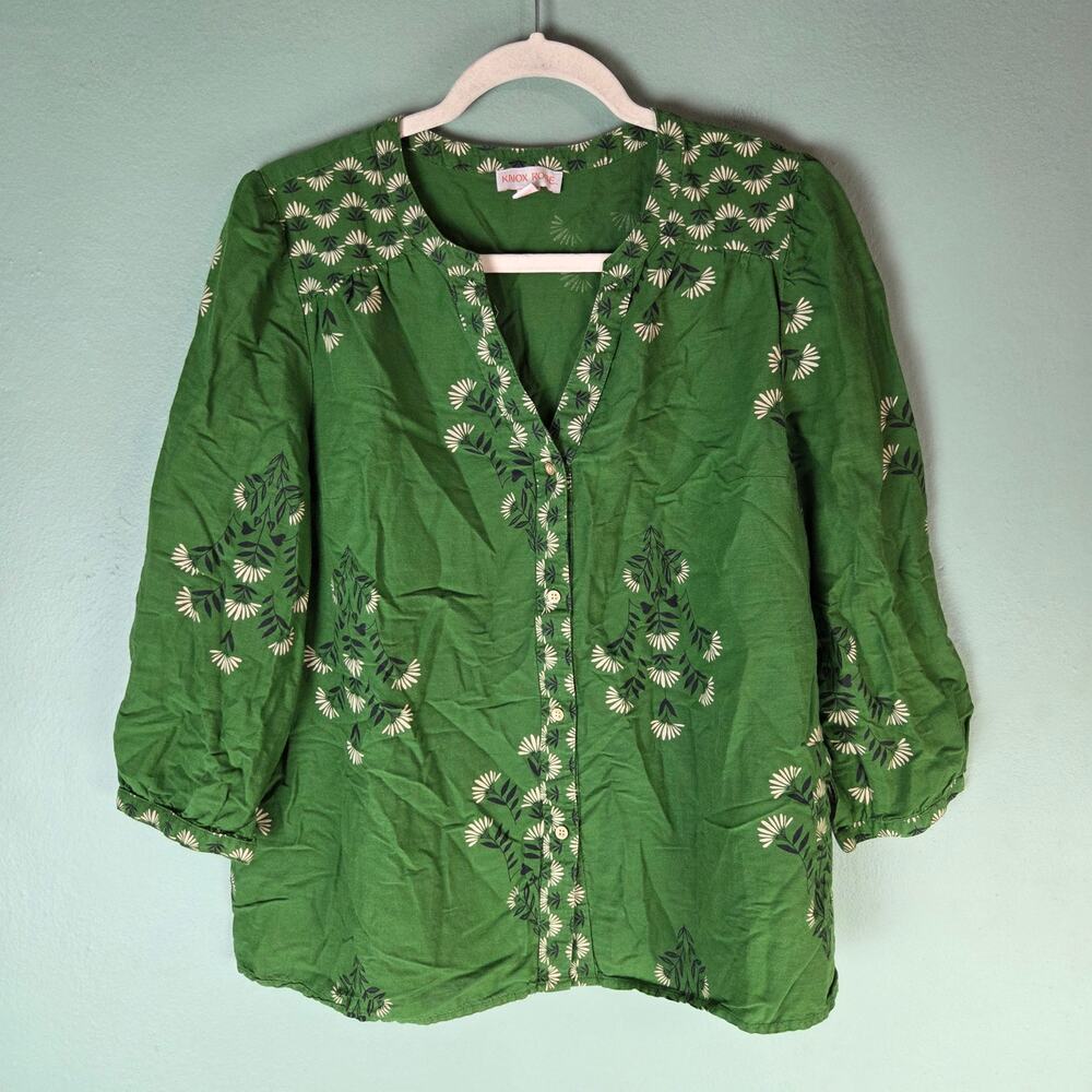 Knox Rose Women Medium 3/4 Sleeve Vneck Button Up Blouse Top Boho Western Casual